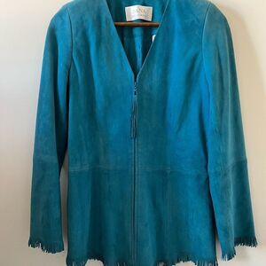 Dana Buchman Vintage Zip Front Suede Fringe Trim Turquoise Jacket Size 6